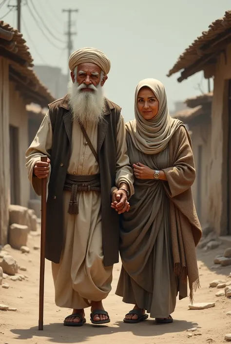 Muslim Old man, muslim old woman, walk together, man hold stick, women hold man hand