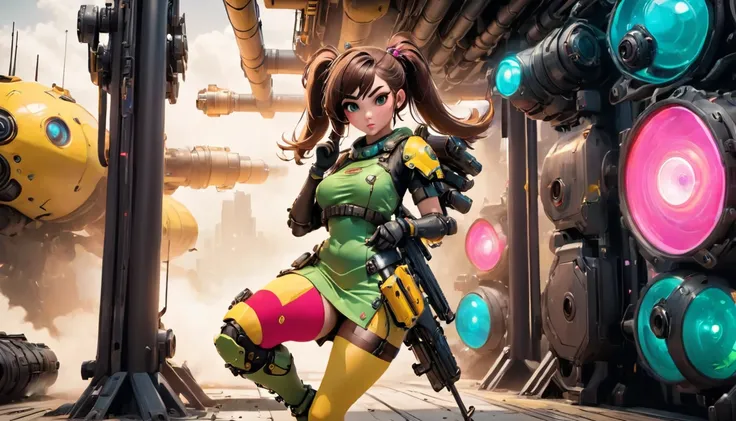 Long shot, unreal engine:1.4,CG K ultra realistic, photorealistic:1.4, skin texture:1.4, artwork 1girl, Gatling gun, standing on the right side of image, Casing, looking at viewer, dynamic pose, Blows, ammunition belt, gloves, large breasts not disproporti...