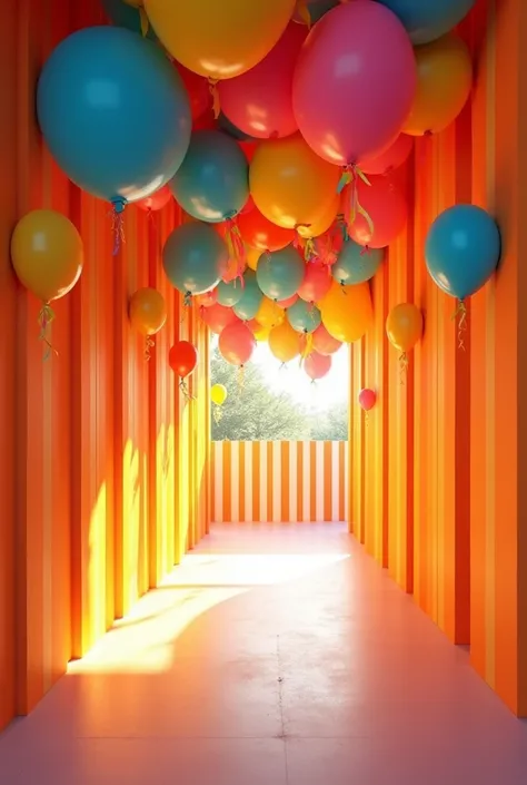 A corridor with decorations with balloons, 
orange stripes etc and with the theme "Kindness begets kindness".