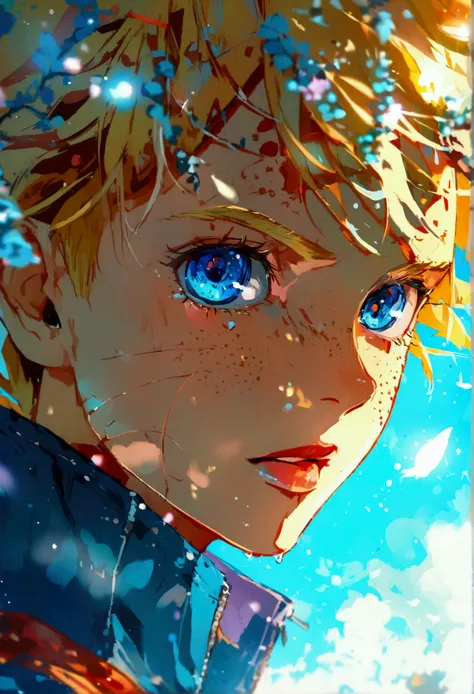 White anime illustration of blue eyes of boruto,closeup,blonde banges,detailed,windy,boruto uzumaki,nostalgic