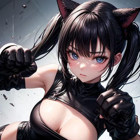 she is wearing black clothes, Exactly, High Cut Bodysuit.A woman boxing　It has cat ears and a tail.　Twin tails　Open Finger Gloves