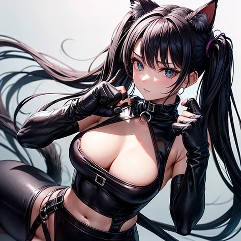 she is wearing black clothes, Exactly, High Cut Bodysuit.A woman boxing　It has cat ears and a tail.　Twin tails　Open Finger Gloves