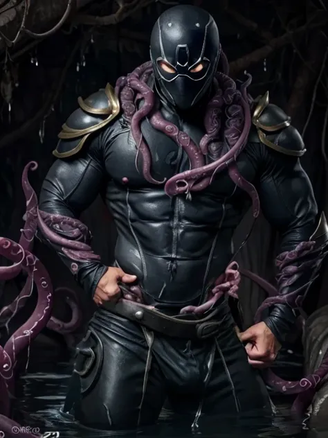  Superhero, hero, strong and robust male, Armor, Tentacle entanglement, uniform, Binding hands togethe, Foreign object invasion, monster breeding, wet, slime, tentacles, slimy tentacles, monster and human breeding, Tentacles wrapped around the body, Insert...