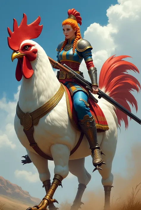 A Thai female warrior with orange braided hair, wearing blue, red and silver armor, holding a musket and riding a large two-legged white, red and gold chicken.