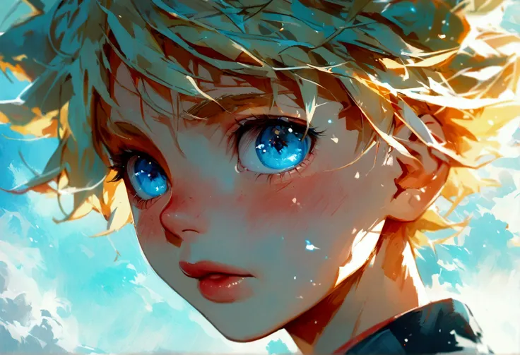 White anime illustration of blue eyes of boruto,closeup,blonde banges,detailed,windy,boruto uzumaki,nostalgic