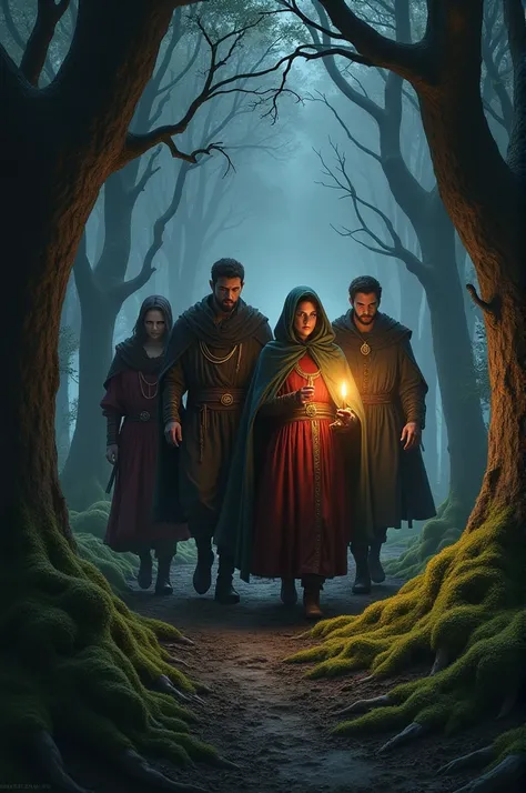 Realistic image of a group of 4 people walking through a dark forest with a candle in their hand. This would be in a medieval era so the attire should be appropriate for that.