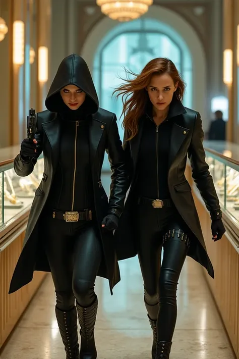 scarlett johansson et natalie portman qui porte une tenue de Black widow avec une cagoule qui font un braquage dans une bijouterie avec des pistolet elle pris la vitrine pour ramses les bijoux 