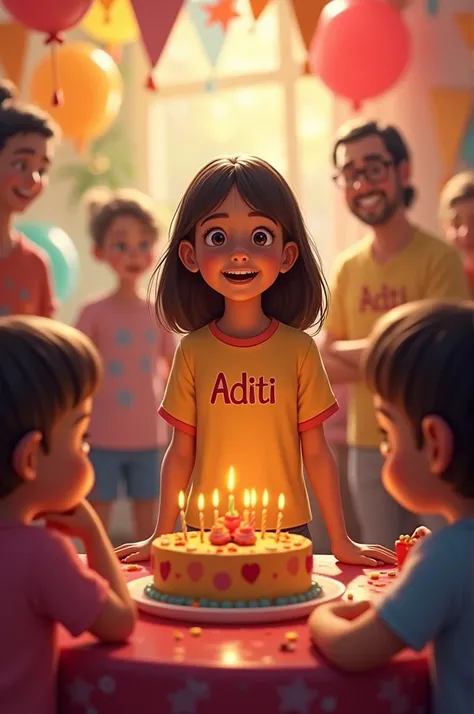 There is a girls birthday party where she or her father is present. The girl is 9 years old or her father is 30 years old. They are wearing a T-shirt with their names written on it. The girls name is Aditi or fathers name is Vinod.