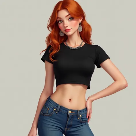 An 18-year-old red-haired girl wearing a black top and high-waisted jeans with a belt, thick legs, and large earrings, showing her belly button in a T-shape.