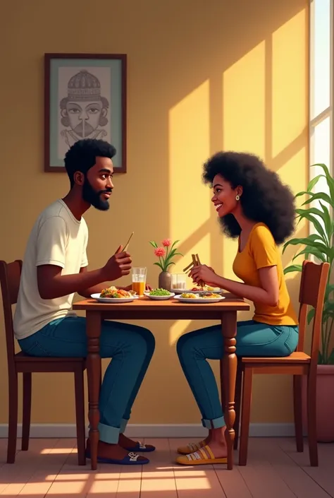 A 35 years old Nigeria man wearing a jeans and T-shirt and a 29 years old Nigerian woman wearing a jeans and a top eating on a dinning table 