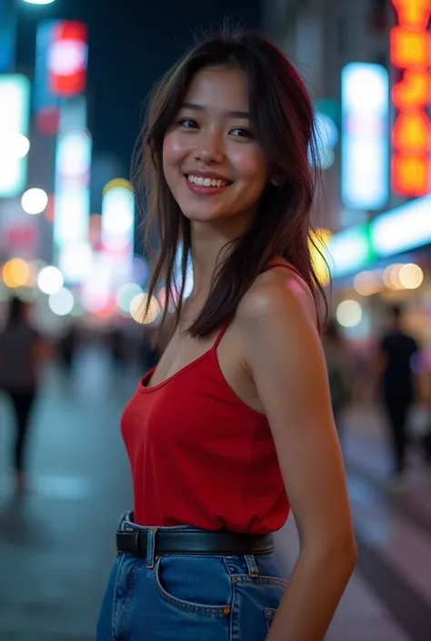 1girl, solo ,masterpiece, best_quality, photoshoot, looking at camera, young adult , happy expression, (porcelain skin), brown eyes, (black hair), (messy hair), red and blue dress, jeans, white skin, night, jakarta background, Standing with bent legs, inst...