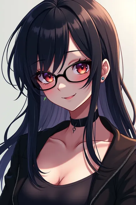 emo anime with glasses, black fur, piercings, charming smile that her long hair covers her eyes and wears glasses. have a good body