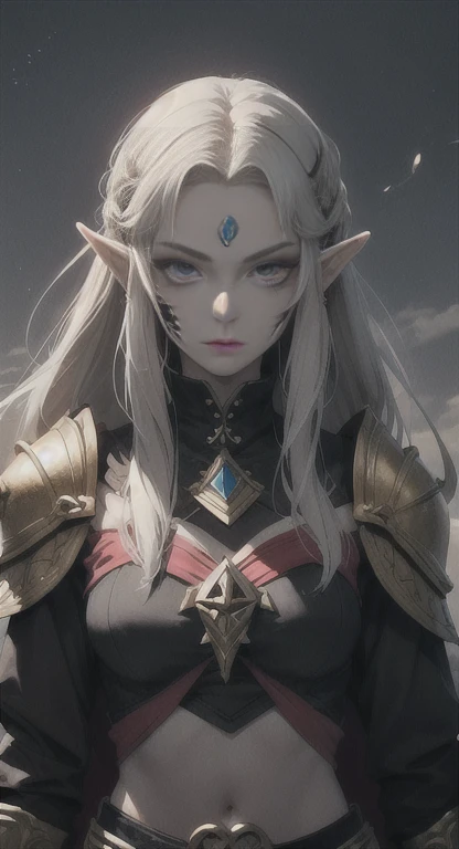 The eclipse Queen Zelda, Dark attire, grey skin, blood red eyes, cursed markings, tribal armor,