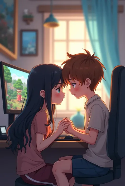 anime, couple, girl hair black, boy hair brown, play minecraft, love, pc, play valorant