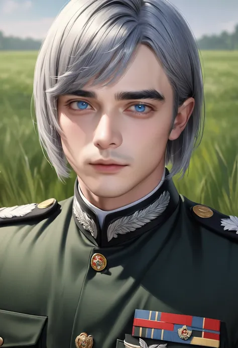 1 person　male　Silver Bob　Silver Eyebrows　trimmed bangs　Light blue eyes　Black military uniform　Green grassy square　Realistic