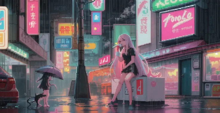 (pixel art_1.1)1girl,very long hair,Night,Street,Kitten,Small puddle,Rain,Neon Light,Hong Kong,Cyberpunk,Eating Popsicles,Insert pocket,Strap,short sleeve,White