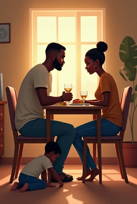 A 35 years old Nigeria man on low cut hair wearing a jeans and T-shirt and a 29 years old Nigerian woman wearing a jeans and a top eating on a dinning table with a two years old boy playing on the ground 