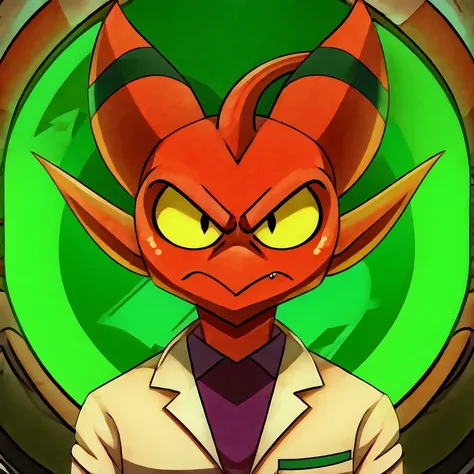 (masterpiece, best quality:1.2), imp, angry serious face, wearing scientist clothes, futuristic laboratory background