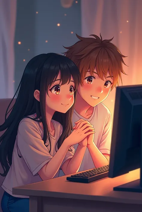 anime, couple, girl hair black, boy hair brown, play minecraft, love, pc playing , touch hands