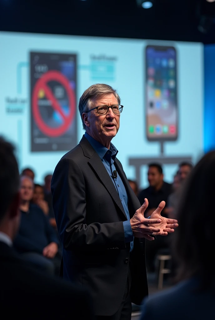 The image focuses on Bill Gates figure, A renowned entrepreneur and philanthropist, standing on a podium in front of an audience. Gates has a serene and determined expression, with his eyes fixed on the audience as he delivers a presentation or speech.

Be...