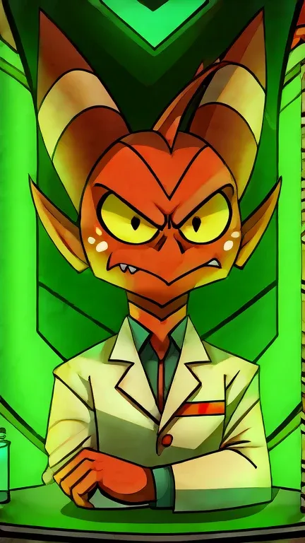 (masterpiece, best quality:1.2), Imp, angry serious face, wearing scientist clothes, futuristic laboratory background