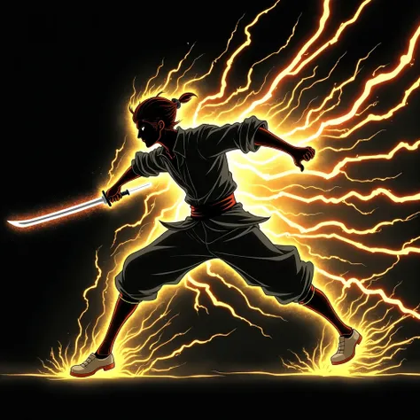 .((Best Quality)), ((masterpiece)), ((detailed)), ((High Definition)), an electric aura of sword cuts in anime style, all the red lightning color, with the black silhouette of a swordsman in the center, dynamic movements, fighting pose, sword thrust, runni...