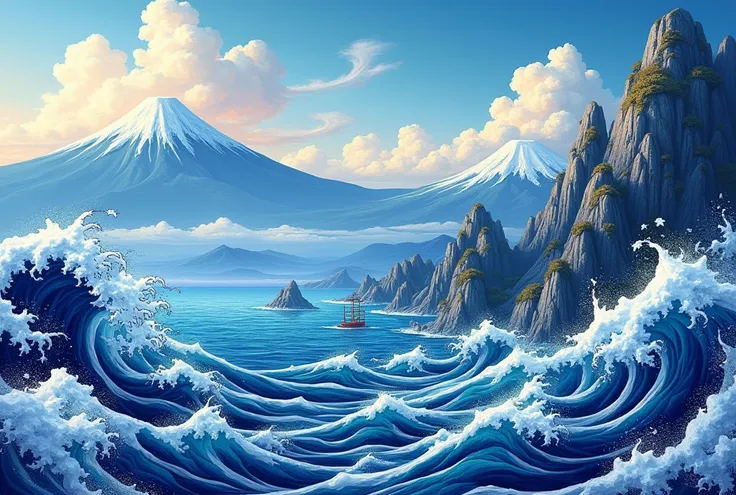 Traditional Japanese patterns Detailed Intricate Waves　Sea Mountain Sky　Visually appealing Rich colors Deep indigo Traditional Japan Traditional Japanese art and culture Challenging Satisfying Digital art　Beautiful art　Digital Painting　Detailed Art　4K deta...