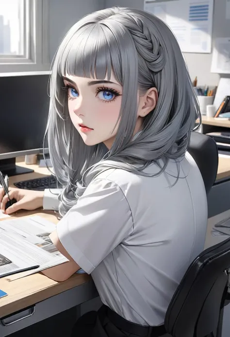 1 person　male　Silver Cleopatra hairstyle　Silver Eyebrows　trimmed bangs　Light blue eyes　Black and white uniform　Working at a desk in the office　Realistic