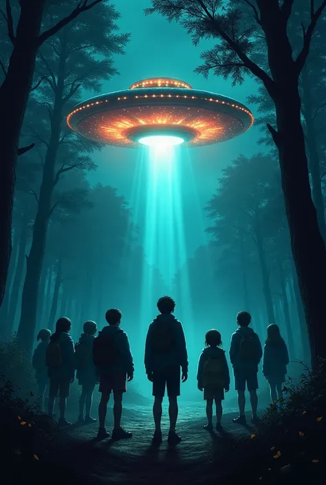 In the early 80s in a forest at night ten children between girls and boys with the age of 12-17 a white light appears in the dark sky, its an ovni with lights of differents colors underneath, the trees moves fast with the wind.