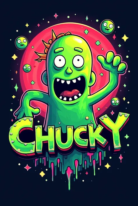 GENERATE A LOGO FOR AN URBAN T-SHIRT BRAND THAT IS MORE COLORFUL WITH A RICK AND MORTY CARTOON ALLUSION IMAGE THAT HAS THE COLOR GREEN AND THE NAME ALSO ALLUDES TO GHOSTS OR DANY PHANTOM AND CHUCKY

