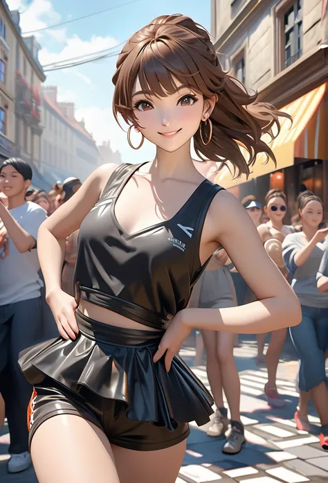 Ultra-realism、One person, High resolution, Shortcuts, smile, Brown Hair, High resolution, masterpiece, Hoop Earrings, Cowboy Shot, Impressionism, 3D Rendering, Anime Style, Close to the audience、Street Dancer