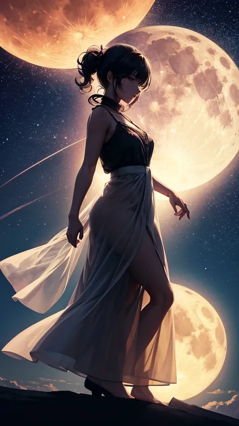 Highest quality,Big moon and shadow,A silhouette of a person can be seen against the backdrop of a large moon.,There is one full moon,There is a mood,Beautiful scenery,Starry Sky