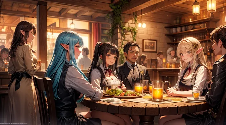 An illustrated scene set in a lively fantasy tavern at twilight. The focus is on a cheerful elf waitress, a young woman with long flowing hair and pointed ears, wearing a traditional tavern outfit. She is smiling warmly as she carries a large tray of mugs ...