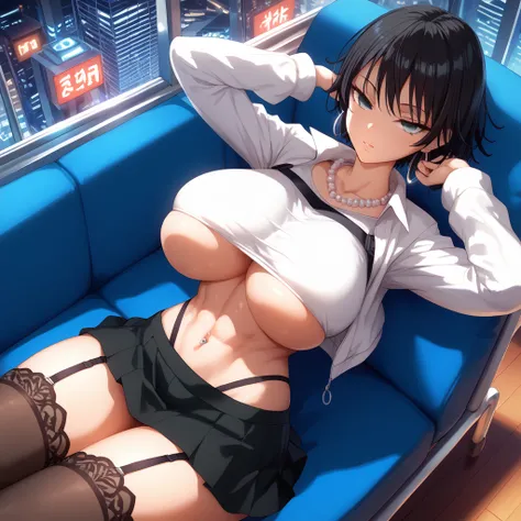 (SAFE FOR WORK), 1 female, Yusuke Murata style, Fubuki from One Punch Man, anime-style face, sexy face, high angle, aerial view, laying down, longer face, short black hair, fully lidded eyes, green eyes, puckered lips, no lipstick, slim/toned body, extreme...