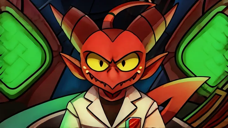 (masterpiece, best quality:1.2), imp, evil face, wearing scientist clothes, futuristic laboratory background