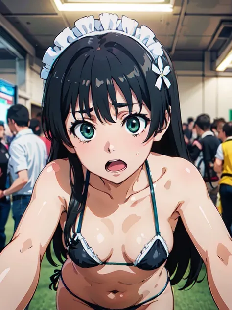  (High resolution:1.4), (masutepiece:1.2), (High quality:1.3) 1girl, saten ruiko, green eyes, long hair, black hair, small breast, (maid Bikini),, cinematic lighting,  pov, dynamic angle, open mouth, comiket_cosplay_Hiroba comiket_cosplay, N4, Be ashamed, ...