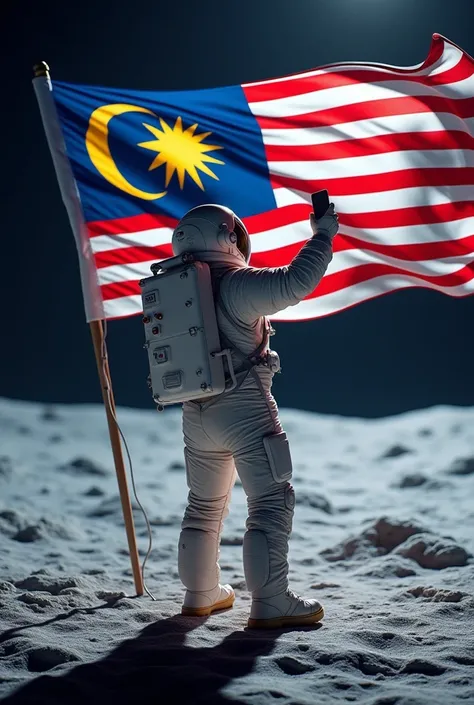 a Malaysia flag on the mercury,Malaysia astronaut taking a selfie,man height body average 45 year old detailed space suit,detailed Malaysia flag,detailed lunar landscape,dramatic lighting,cinematic angle,hyperrealistic,photorealistic,8k,unreal engine,stunn...