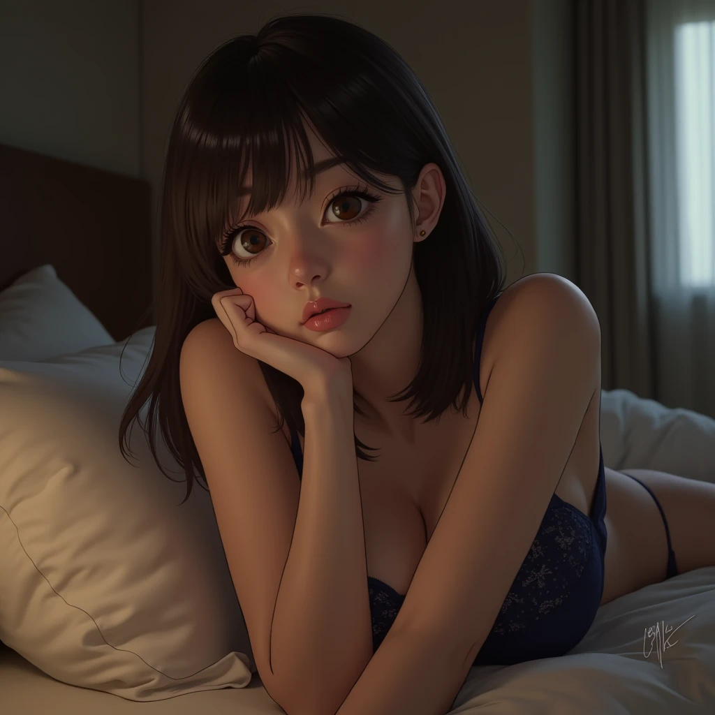 Young Japanese Woman、Large, slightly droopy eyes、Double eyelids、Eyes that give a gentle impression、Smaller, more natural-looking nose、Smaller lips、The lips are well shaped、Straight medium bob hair、Brown Hair、The bangs are short、Smooth, Healthy Skin、Obese、B...