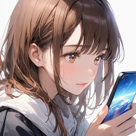 A 20-year-old woman with brown hair, focusing on her upper body with no background. She is looking at the screen of a smartphone in her hand. Her expression is engaged or thoughtful as she interacts with the device, highlighting a moment of concentration o...