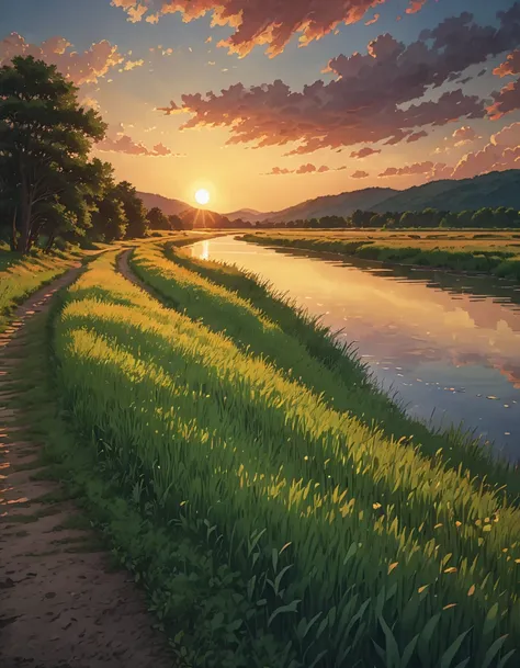 High resolution, High Definition,high quality,landscape,       serene sunset
Along the river,hiking trail background painting, summer field, Grass , Channels, summer sky and incoming clouds,  and shadow,    8khdr serene sunset
