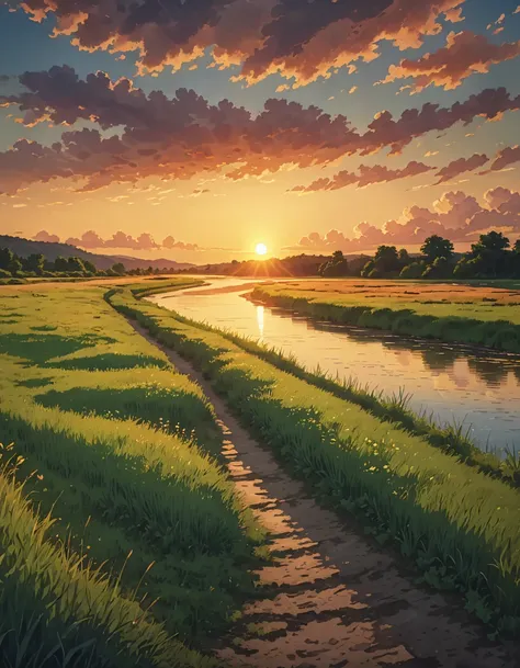 High resolution, High Definition,high quality,landscape,       serene sunset
Along the river,hiking trail background painting, summer field, Grass , Channels, summer sky and incoming clouds,  and shadow,    8khdr serene sunset
