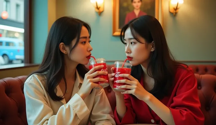 Two beautiful Korean girls are sitting drinking coca-cola in a cafe, cinema lighting, real photo, advertising style, daylight, cold light,