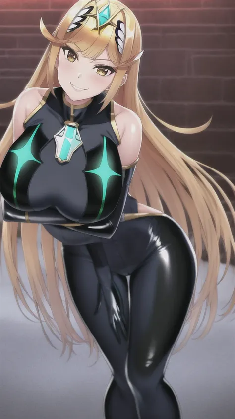 mythra, 1girl, solo, long_hair, breasts, looking_at_viewer, smile, bangs, blonde_hair, large_breasts, yellow_eyes, red_bodysuit,...