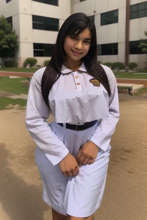 busty asian High school girl on the school yarD LOOKING AT A BOY SHE LIKES TALK TO ANOTHER GIRL. Cinematic lighting and the girl is beautlful with black hair, is shapely , busty with slim waist in school girl uniform