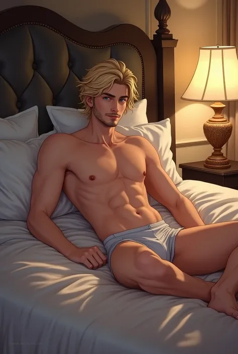 A young man, naughty man, 20 year, offwhite, blue colored eyes, unshaven beard, hair blonde, medium short cut, Semi Nude, just in boxer briefs, in a bed in a fancy hotel room, in the style of hentai art