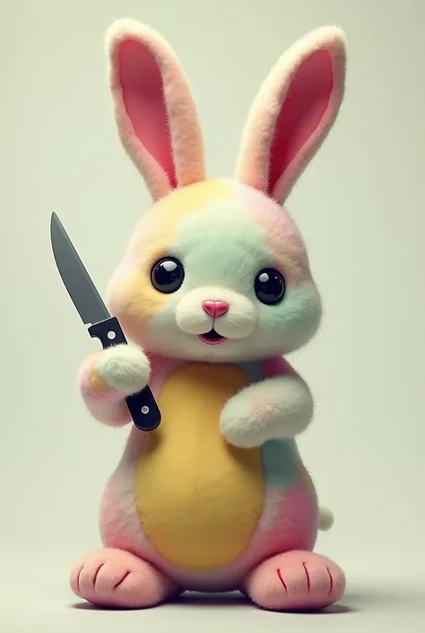 Create an image of a colorful plush rabbit, with button eyes and holding a knife