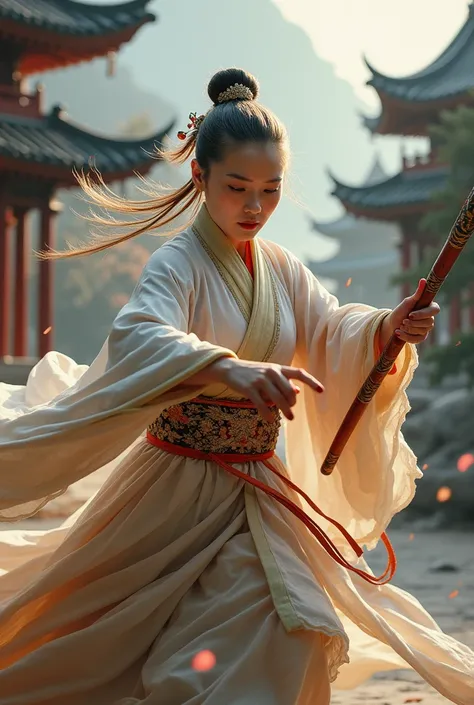 80 years old，Tang Dynasty，Beautiful woman，Female master，High martial arts，Holding a dragon-headed cane weapon，Engaged in a fierce battle with the opponent。