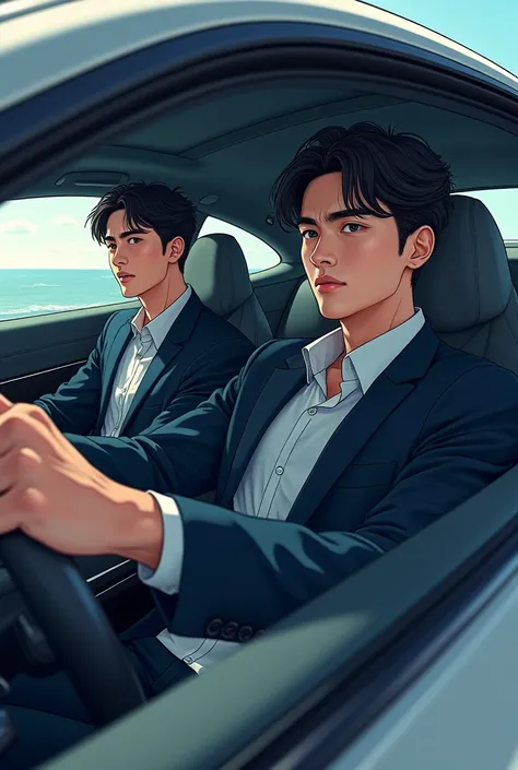 Draw a manhw
a 20 year old CEO in the car and his male assistant manager 
