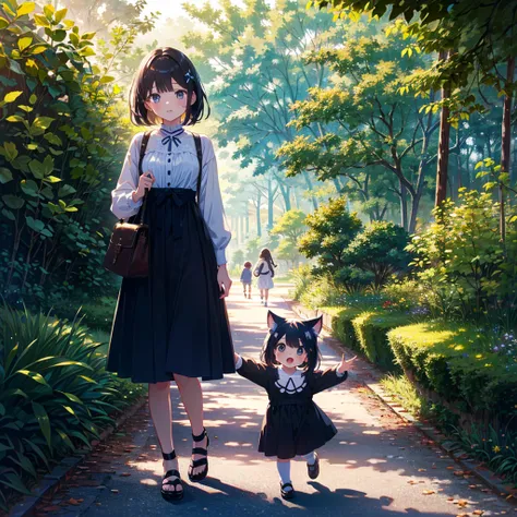 {{{Masterpiece, highest quality, high resolution background}}}, bright and beautiful atmosphere, 1 girl (7 years old, round face, baby face), small breasts, girl walking with many cats, very beautiful park, Cute clothes, family walking with children, "delt...