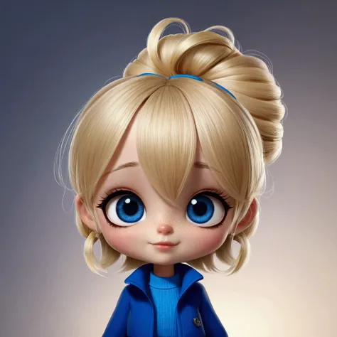 A blonde with blue eyes wearing a blue jacket,short hair ,Bun Hair , Realistic Skin,Beautiful Hair , cute, Beautiful Eyes,Realistic eyes , , , Blonde, , , 